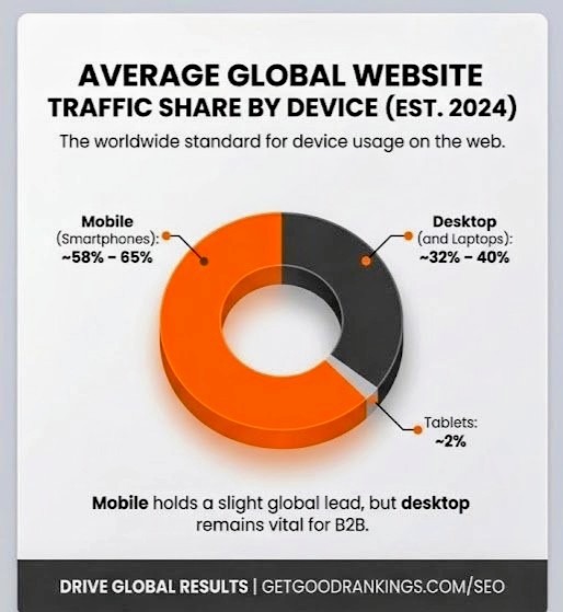 Donut chart showing average global website traffic share by device with mobile smartphones taking 58 to 65 percent, desktop at 32 to 40 percent, and tablets at 2 percent by Get Good Rankings.