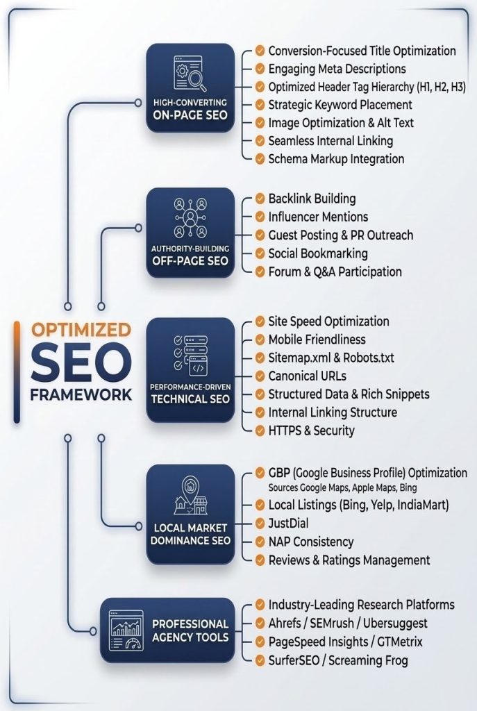 Comprehensive infographic detailing a five-pillar 'OPTIMIZED SEO FRAMEWORK' including On-Page SEO (Title Optimization, Schema), Off-Page SEO (Backlink Building, Guest Posting), Technical SEO (Site Speed, Structured Data), Local SEO (GBP Optimization, Listings), and Professional Agency Tools (Ahrefs, SEMrush, Screaming Frog). Each section provides a strategic checklist of best practices by Get Good Rankings.