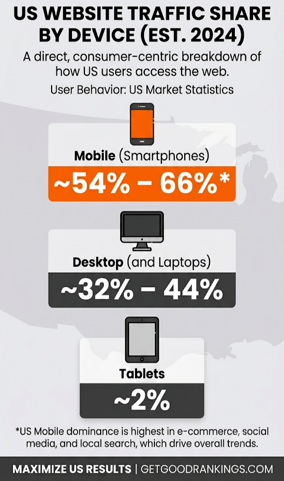 Simple graphic displaying US website traffic share statistics by device, showing mobile at 54 to 66 percent, desktop at 32 to 44 percent, and tablets at 2 percent by Get Good Rankings.