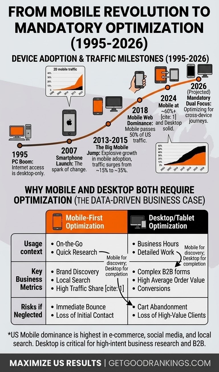 Infographic detailing device adoption milestones from 1995 to 2026 alongside a data-driven business case for mobile and desktop optimization by Get Good Rankings.
